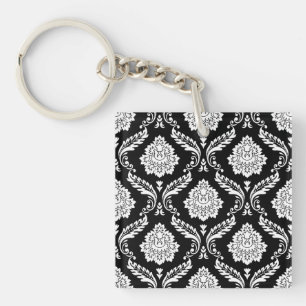 Rococo Damask Pattern White on Black Keychain