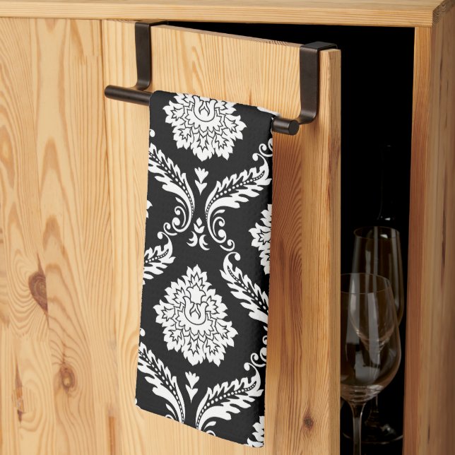 Rococo Damask Pattern White on Black Kitchen Towel (Thirds Fold)