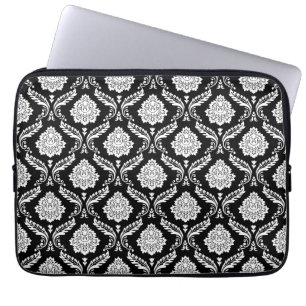 Rococo Damask Pattern White on Black Laptop Sleeve