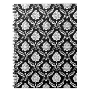 Rococo Damask Pattern White on Black Notebook