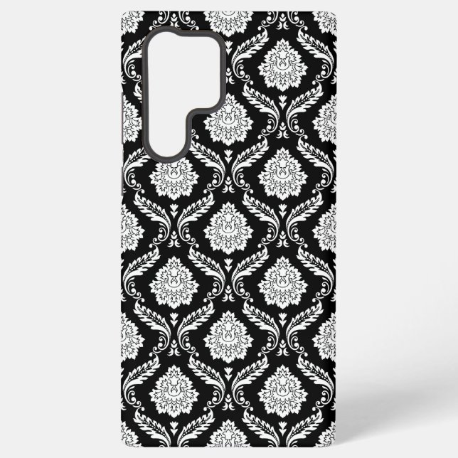 Rococo Damask Pattern White on Black  Samsung Galaxy S22 Ultra Case (Back)