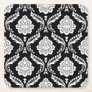 Rococo Damask Pattern White on Black Square Paper Coaster