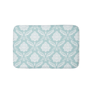 Rococo Damask Pattern White on Duck Egg Blue Bath Mat