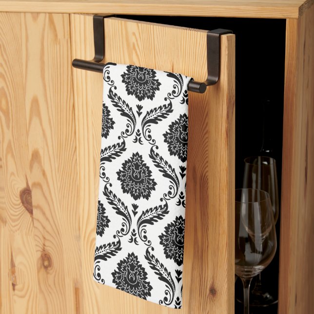 Rococo Damask Rpt Pattern Black on White Kitchen Towel (Thirds Fold)