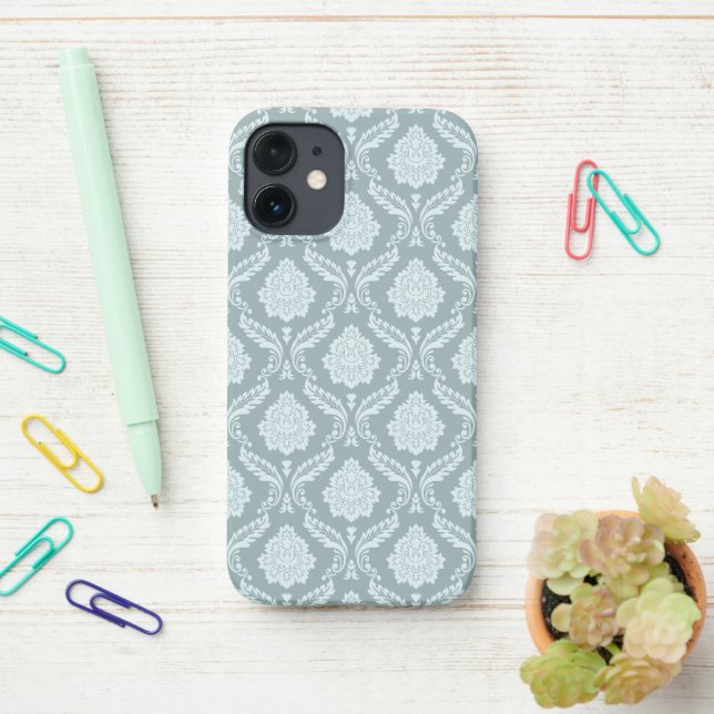 Rococo Damask Rpt Pattern Duck Egg Blue+Teal iPhone Case (On Desk)