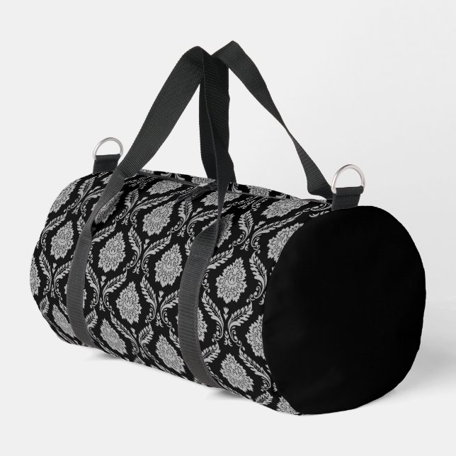 Rococo Damask Rpt Pattern Grey on Black Duffle Bag (Left Corner)