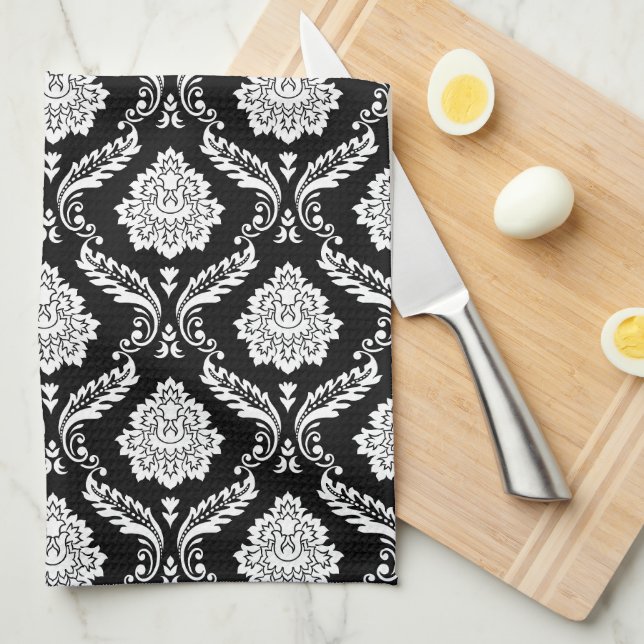 Rococo Damask Rpt Pattern White on Black Kitchen Towel (Quarter Fold)