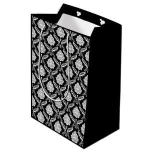 Rococo Damask Rpt Pattern White on Black Medium Gift Bag
