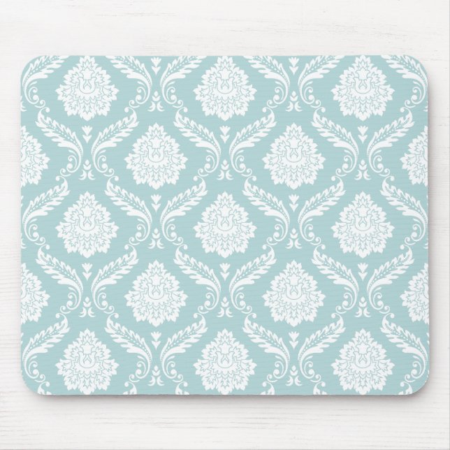 Rococo Damask Rpt Pattern White on Duck Egg Blue Mouse Pad (Front)