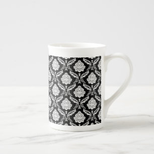 Rococo Damask Sml Pattern White on Black Bone China Mug