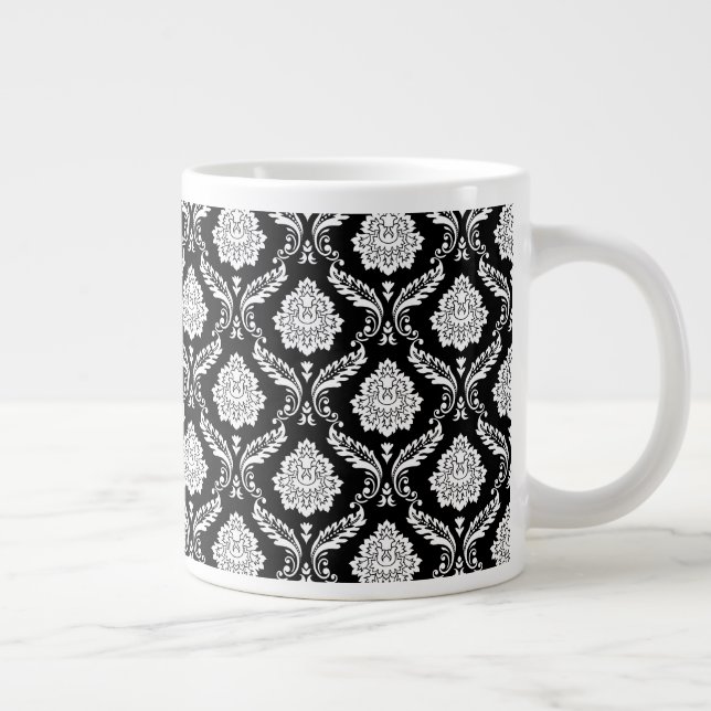 Rococo Damask Sml Pattern White on Black Large Coffee Mug (Right)