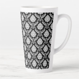 Rococo Damask Sml Pattern White on Black Latte Mug