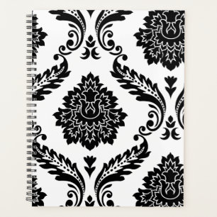 Rococo Damassé Grand Motif Décalé Noir sur Blanc