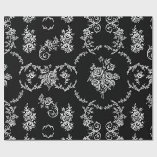 rococo floral botanical antique ornate black toile wrapping paper