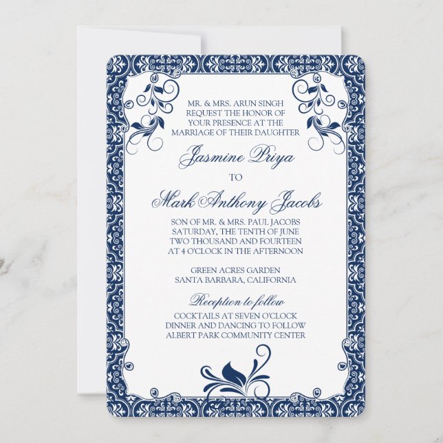 Rococo Floral Navy Blue White Wedding Invitation (Front)