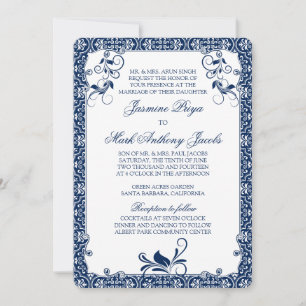 Rococo Floral Navy Blue White Wedding Invitation