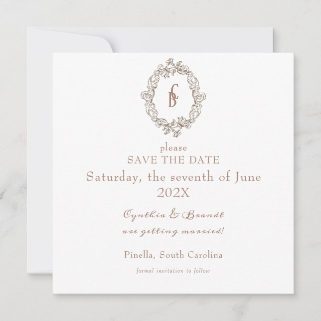 Rococo Florentine Monochrome Monogram Save The Date (Front)