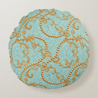 Rococo golden elements seamless pattern. Gold text Round Pillow