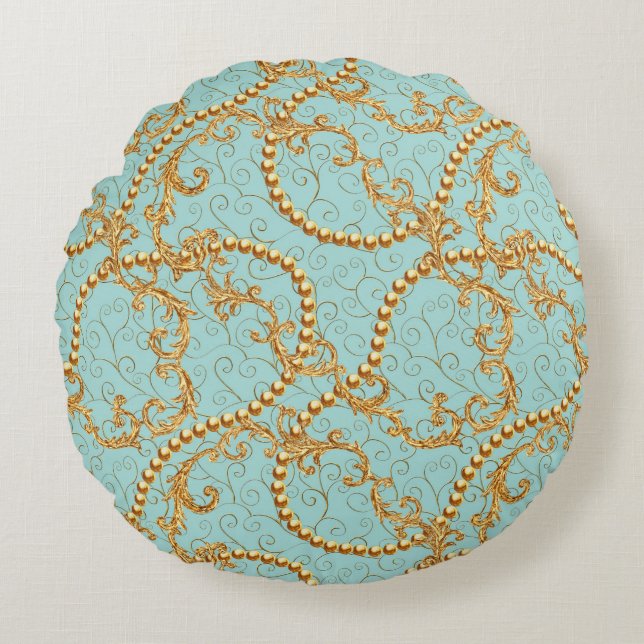 Rococo golden elements seamless pattern. Gold text Round Pillow (Front)