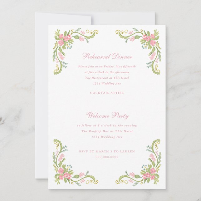 Rococo Ornate Floral Border Rehearsal Dinner Invitation (Front)