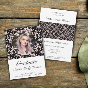 Rococo Pink Black Graduate Photo Graduation Invitation