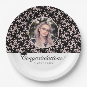 Rococo Pink Black Graduate Photo Graduation  Paper Plate