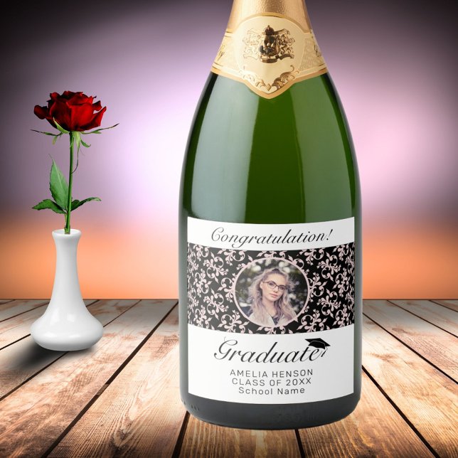 Rococo Pink Black Graduate Photo Graduation     Sparkling Wine Label (Creator Uploaded)