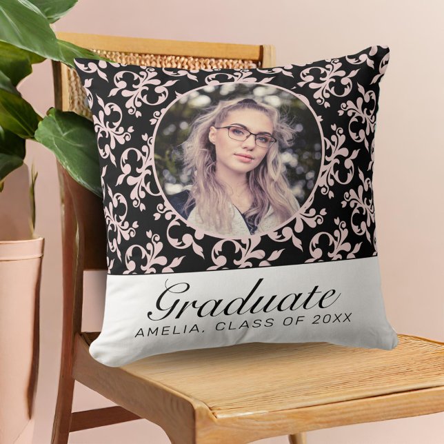 Rococo Pink Black Graduate Photo Graduation   Throw Pillow (Creator Uploaded)