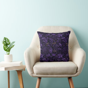 Rococo Realms: Dark Purple & Gold Intricate Pillow