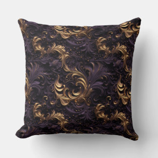 Rococo Realms: Golden Dark Purple Floral Beads Throw Pillow