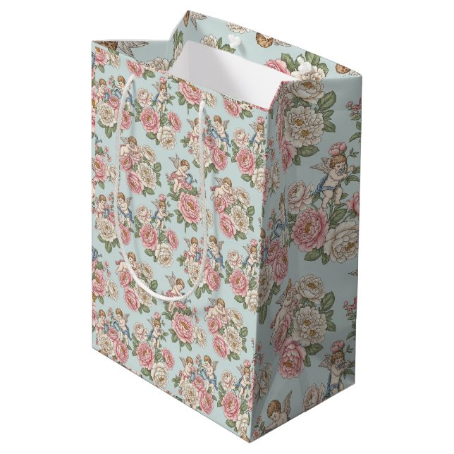 Rococo Revival Cherub Floral Toile Wrapping Paper Medium Gift Bag (Back Angled)