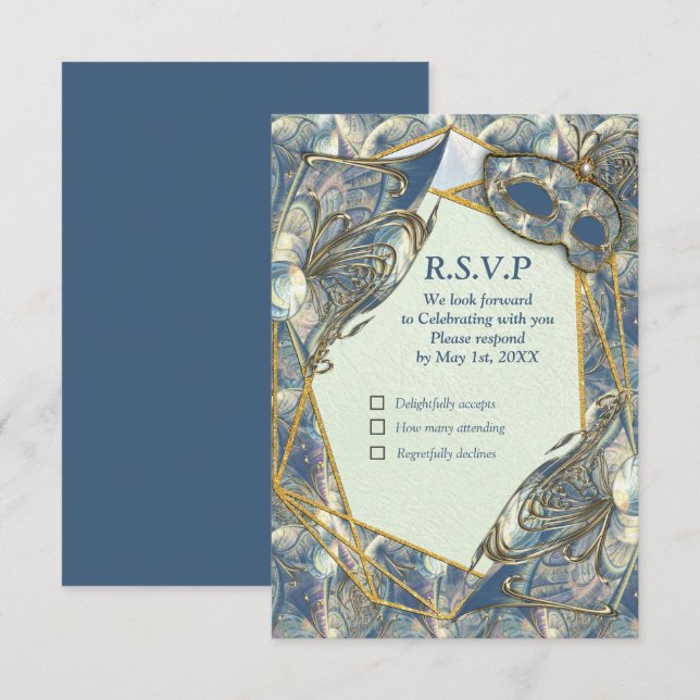 Rococo Rich with Gold Relief & Masks RSVP Card (Front/Back)