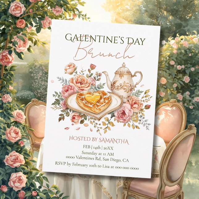 Rococo Tea Heart Waffle Galentine Brunch Florals Invitation (Creator Uploaded)