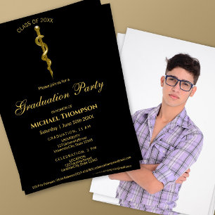 Rod Asclepius Medical Gold Black Graduation Photo Invitation