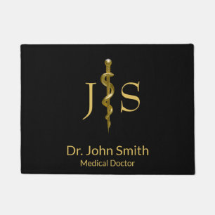 Rod of Asclepius Medical Classy Gold on Black Doormat