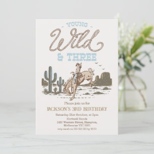 Rodeo Blue Brown Young Wild Three 3rd Birthday  Invitation