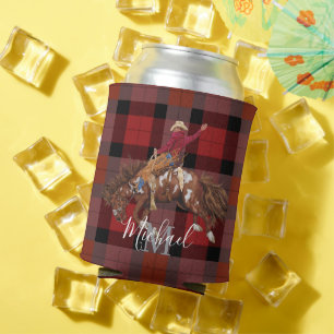 Rodeo Bronco Busting Cowboy On Plaid Can Cooler
