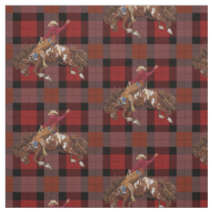 Rodeo Bronco Busting Cowboy On Plaid Fabric