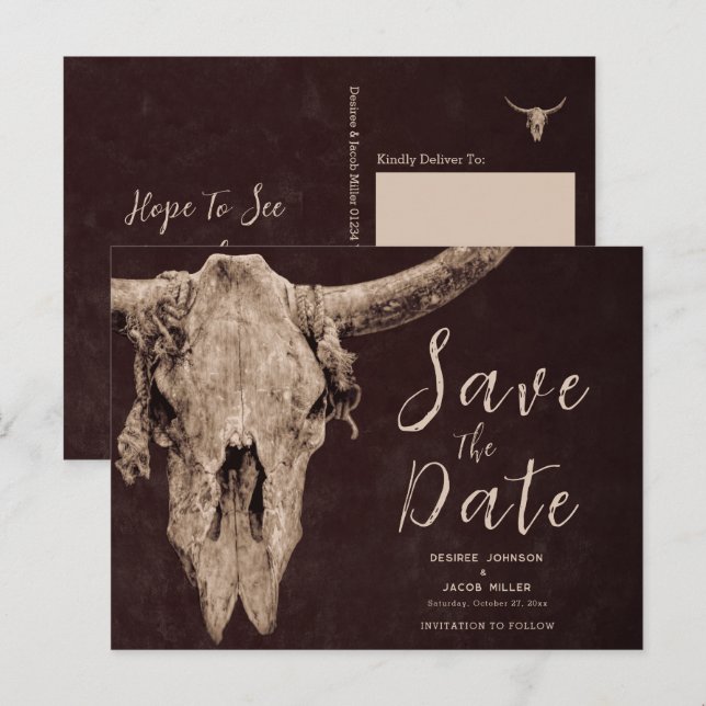 Rodeo Brown Bull Skull Save The Date Invitation Postcard (Front/Back)