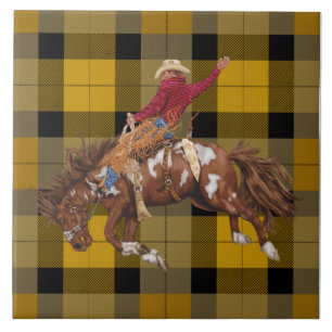 Rodeo Cowboy Bronco Busting On Plaid Tile