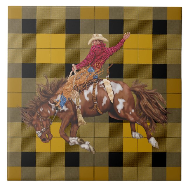 Rodeo Cowboy Bronco Busting On Plaid Tile (Front)