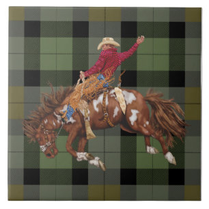 Rodeo Cowboy Bronco Busting On Plaid Tile