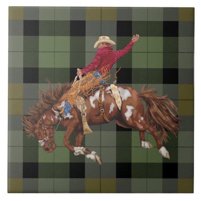 Rodeo Cowboy Bronco Busting On Plaid Tile (Front)
