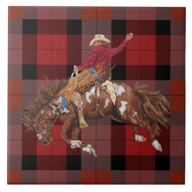 Rodeo Cowboy Bronco Busting On Plaid Tile (Front)