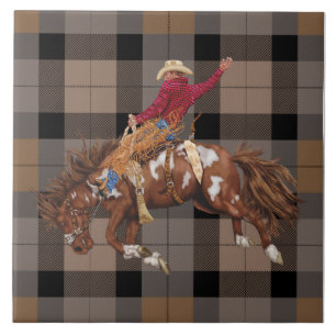 Rodeo Cowboy Bronco Busting On Plaid Tile