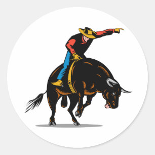 Rodeo cowboy bull riding classic round sticker