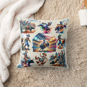 Rodeo Cowboy Bull Riding Rodeo Clown Scenes Throw Pillow