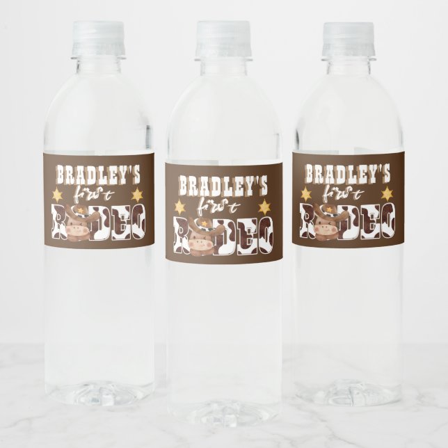 Rodeo Cowboy cow pattern 1st birthday matching Water Bottle Label (Bottles)