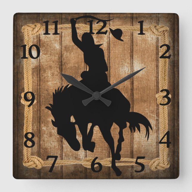 Rodeo Cowboy Horse Bronco Silhouette Square Wall Clock (Front)
