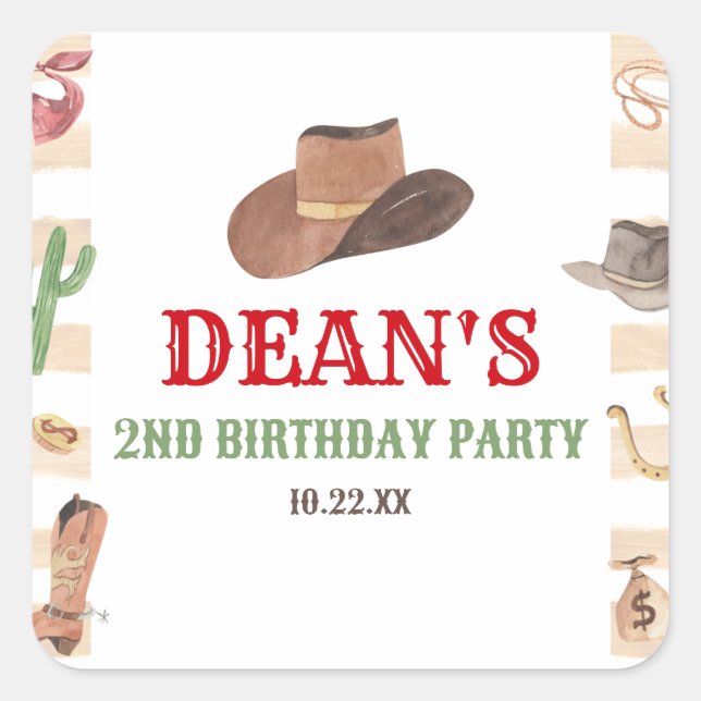 Rodeo Cowboy Western Wild West Birthday Party Square Sticker (Front)
